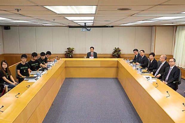 Unfruitful start: The protest leaders and government representatives holding the first round of talks in Hong Kong. - EPA
