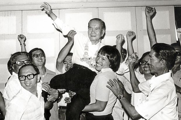 Undefeated: Choy celebrating after being the only Independent candidate to retain his seat (Pengkalan Kota) in the 1978 election