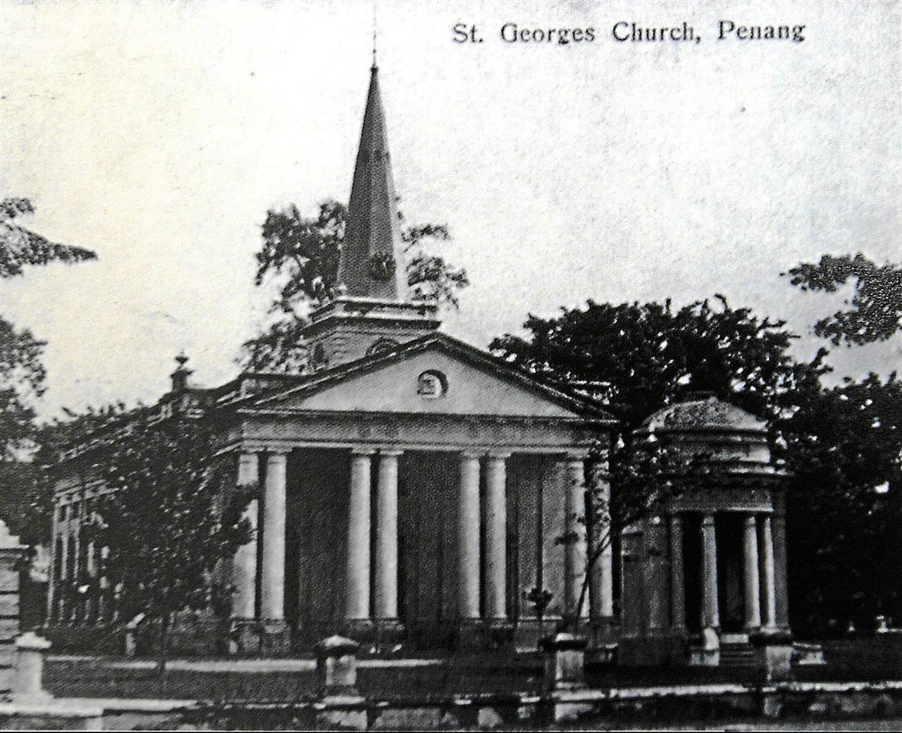 A photo of St George's Church taken in the late 19th century to early 20th century. Photo was reprinted from 'Penang Postcards Collection: 1899-1930s' written by Khoo Salma Nasution & Malcolm Wade. (NOTE: need to acknowledge book if want to use this)