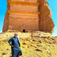 At the majestic Tomb of Lihyan Son of Kuza tomb in Hegra, Al-Ula, Saudi Arabia.